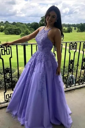 A Line Lace Appliques Lavender Formal Graduation Evening Dresses Long Prom Dresses