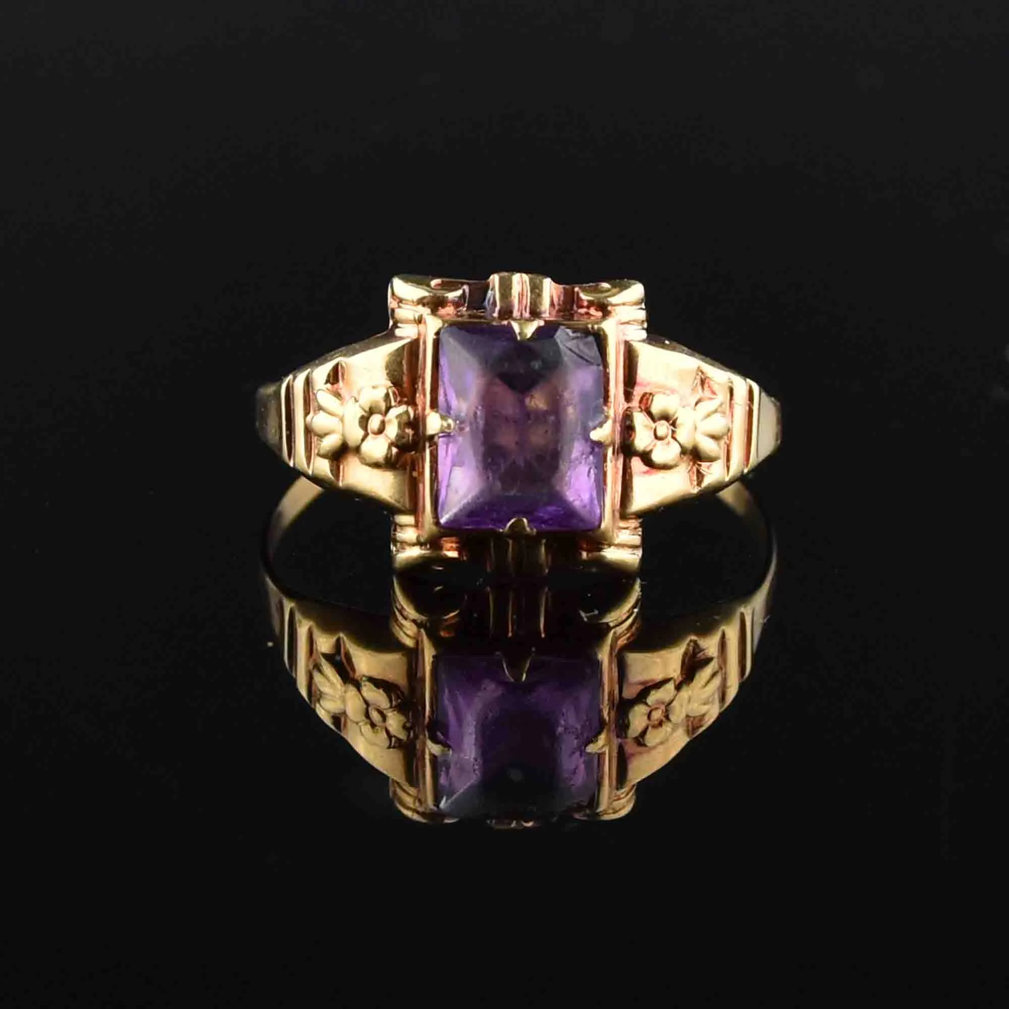 10K Gold Floral Emerald Cut Amethyst Ring