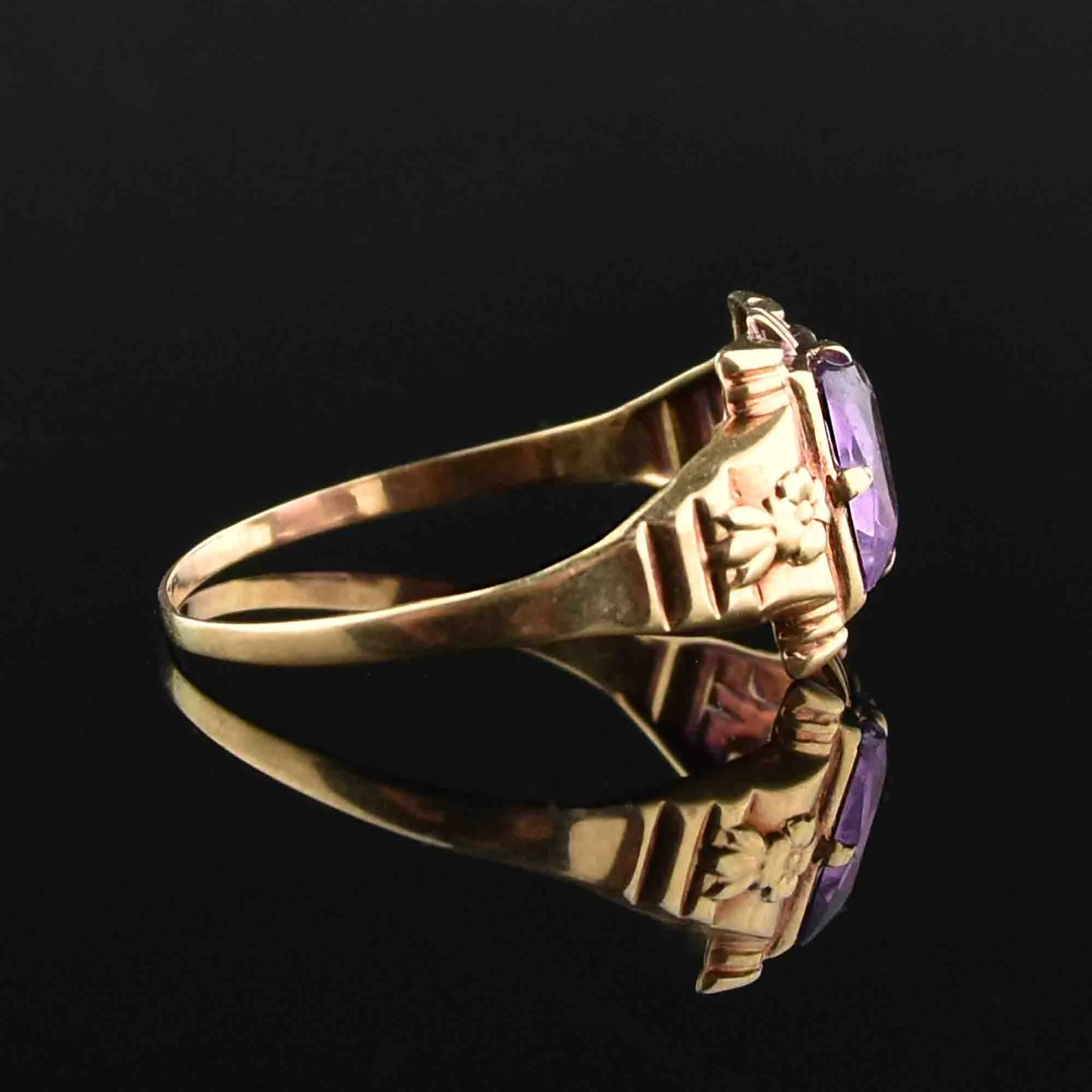 10K Gold Floral Emerald Cut Amethyst Ring