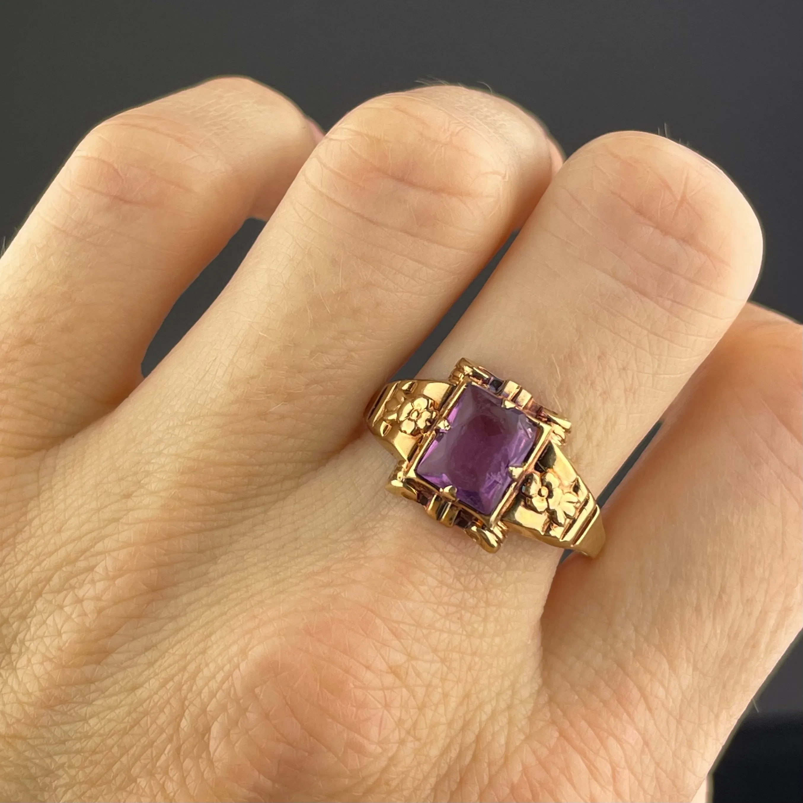 10K Gold Floral Emerald Cut Amethyst Ring