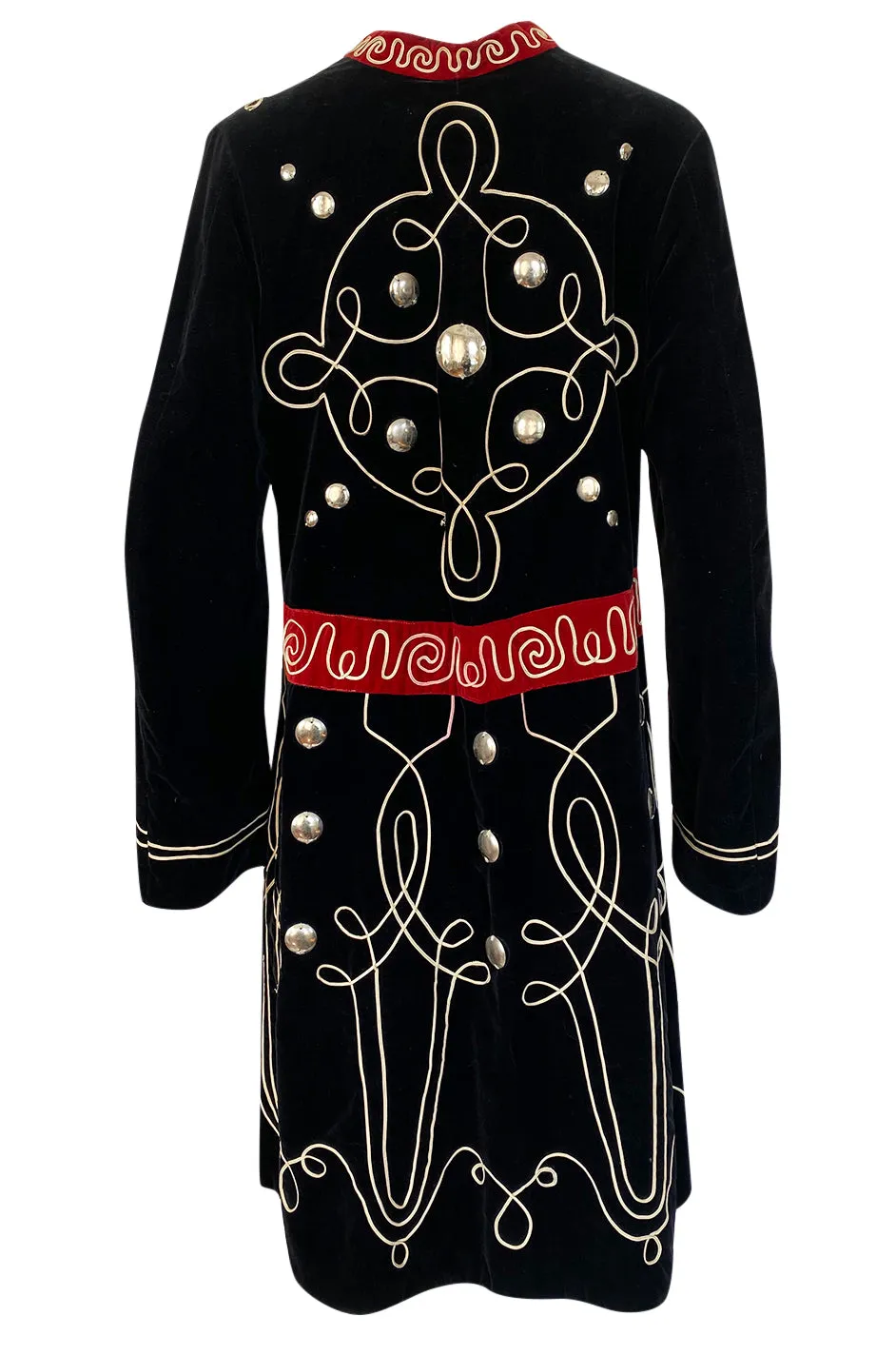 1920s or 1930s Incredible Black Velvet, Cord & Silver Metal Disc Guard Coat