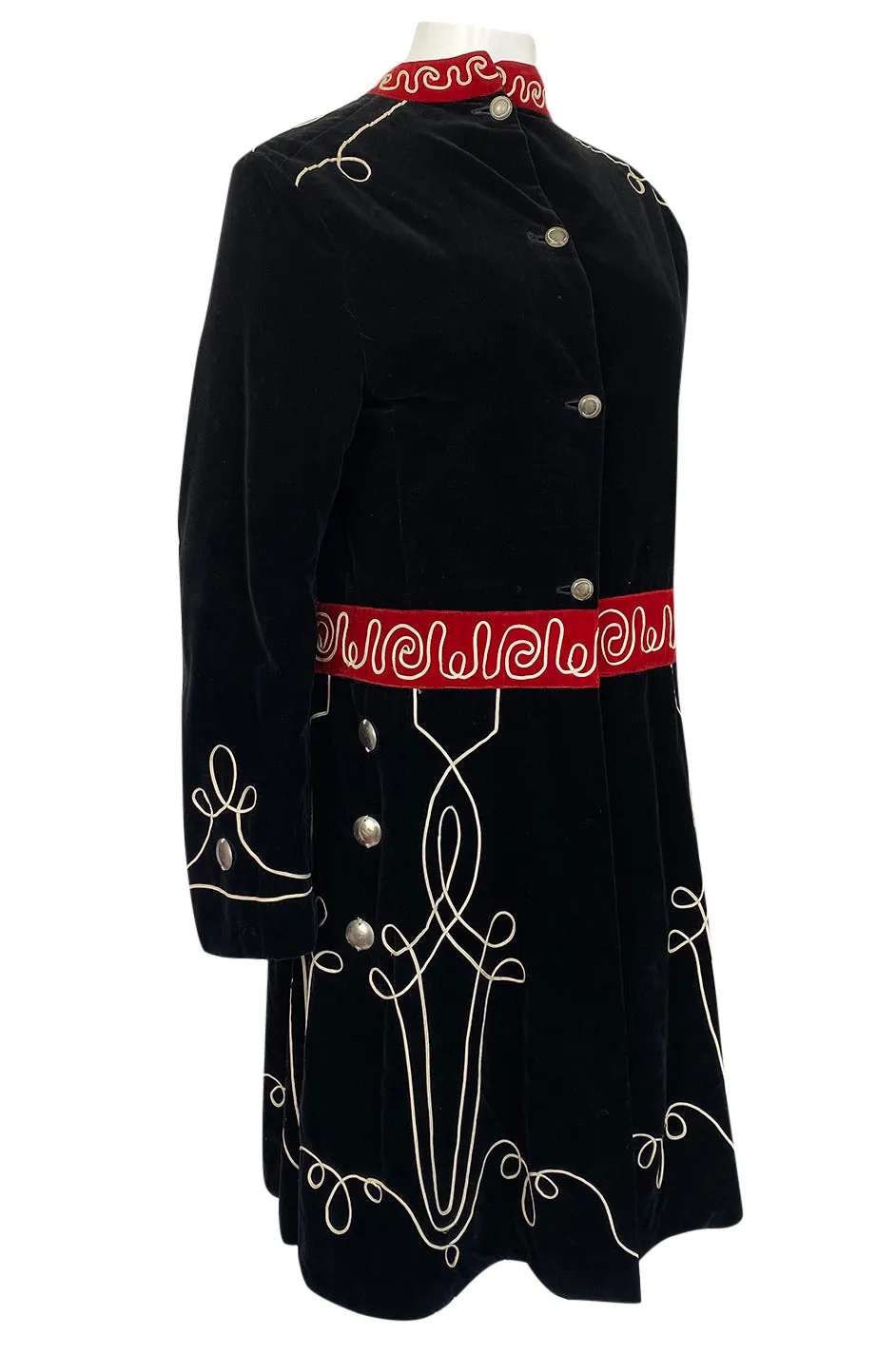 1920s or 1930s Incredible Black Velvet, Cord & Silver Metal Disc Guard Coat