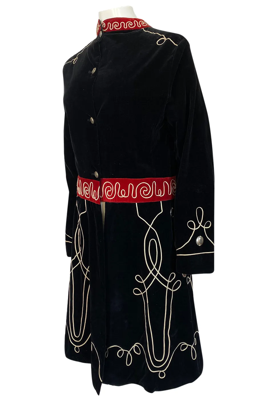 1920s or 1930s Incredible Black Velvet, Cord & Silver Metal Disc Guard Coat