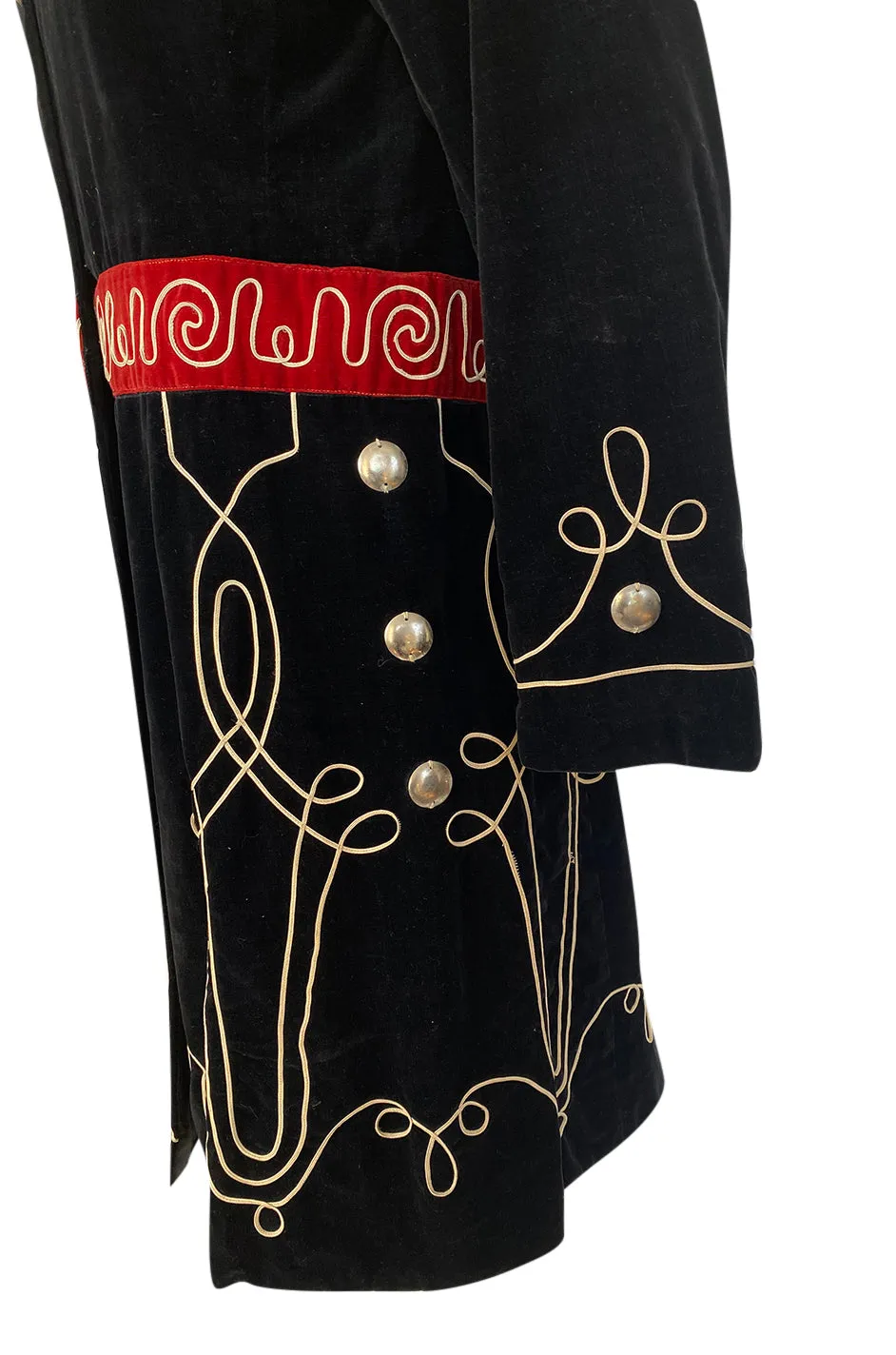 1920s or 1930s Incredible Black Velvet, Cord & Silver Metal Disc Guard Coat