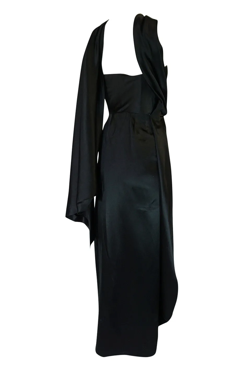 1940s Jacques Griffe Haute Couture Draped Black SIlk Satin Dress