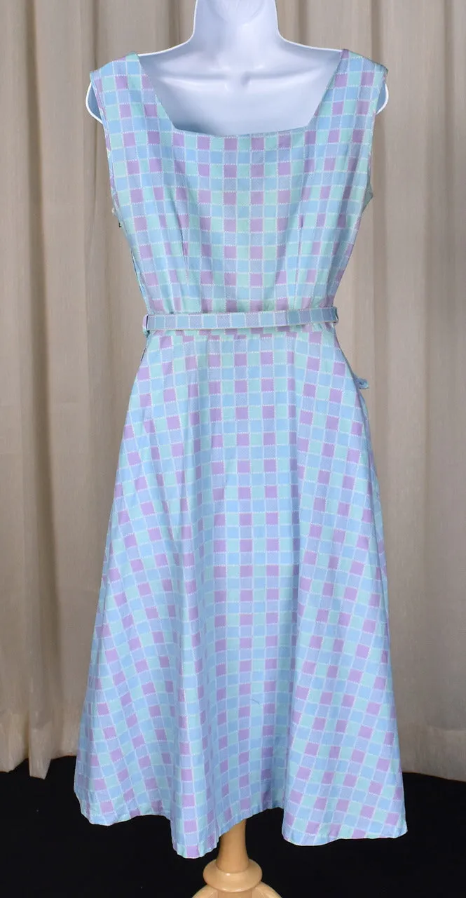 1950s Aqua Squares and Ruffles Dress