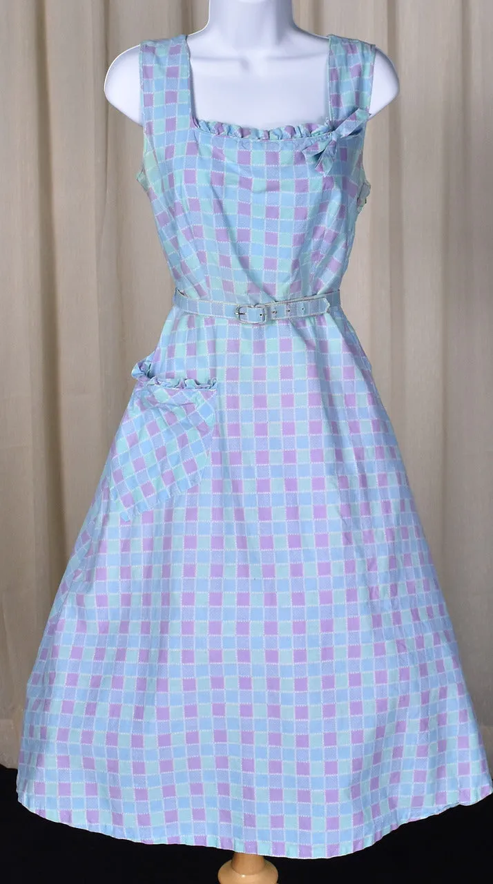 1950s Aqua Squares and Ruffles Dress