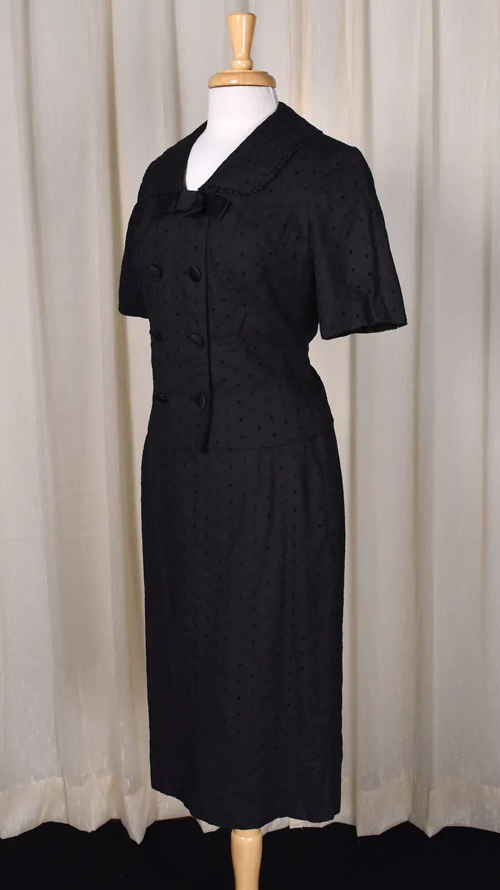 1950s Black Eyelet Bow Skirt Suit