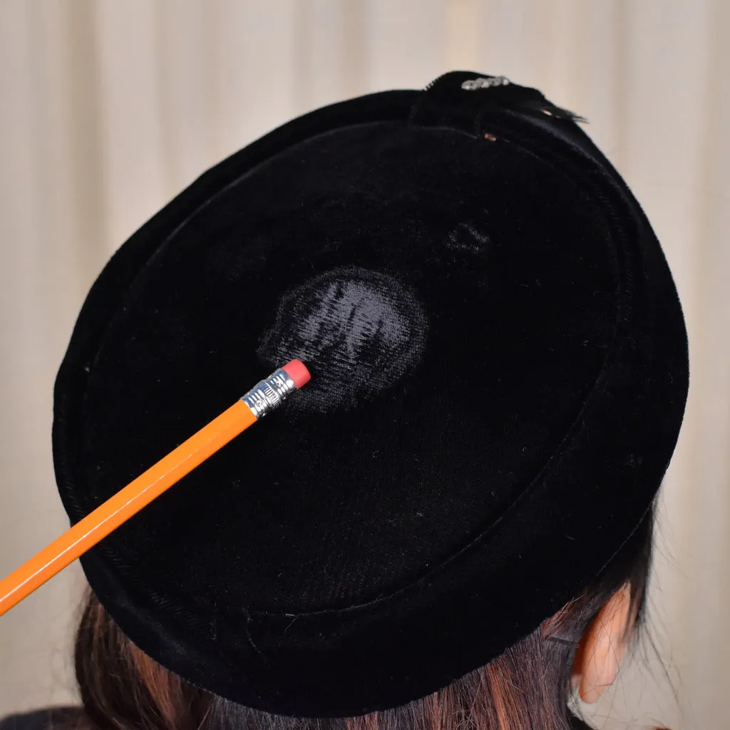 1950s Black Velvet Rhinestone Feather Hat