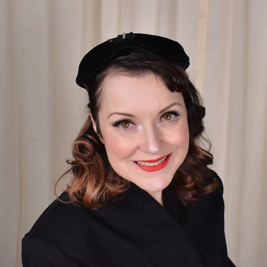 1950s Black Velvet Rhinestone Feather Hat