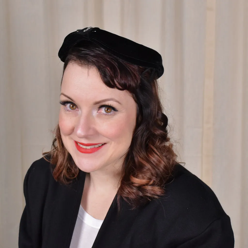 1950s Black Velvet Rhinestone Feather Hat