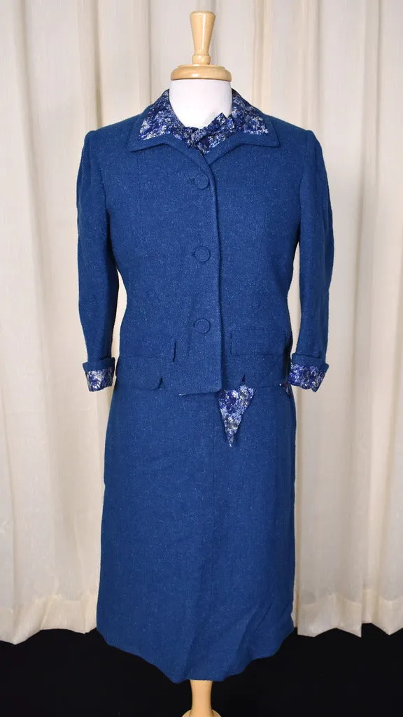 1950s Blue 3pc Tweed Skirt Suit