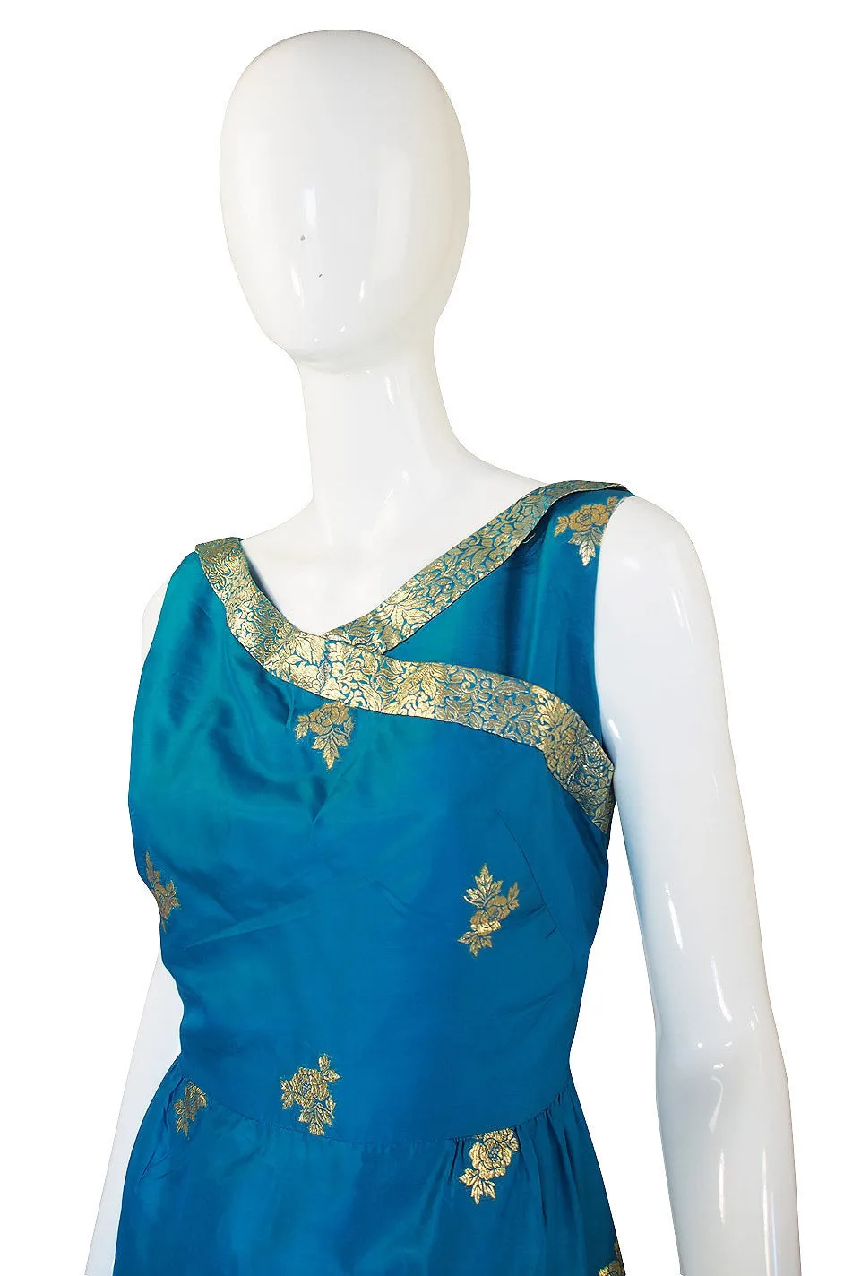 1950s Blue Fine Tissue Silk & Gold Gown