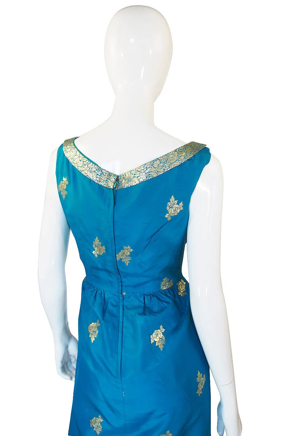 1950s Blue Fine Tissue Silk & Gold Gown