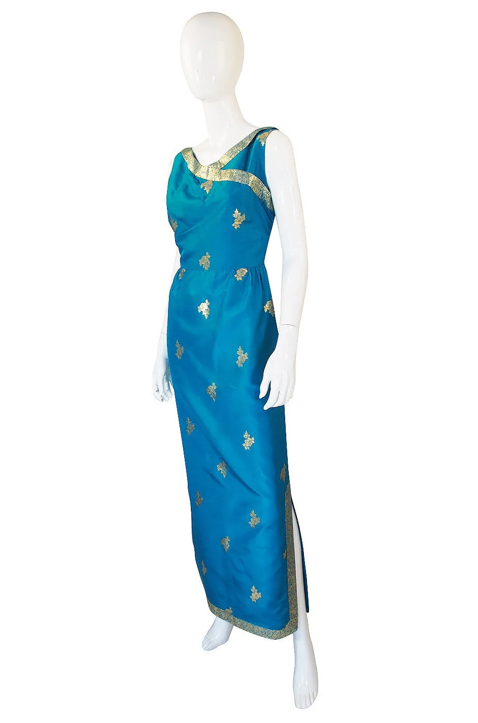 1950s Blue Fine Tissue Silk & Gold Gown