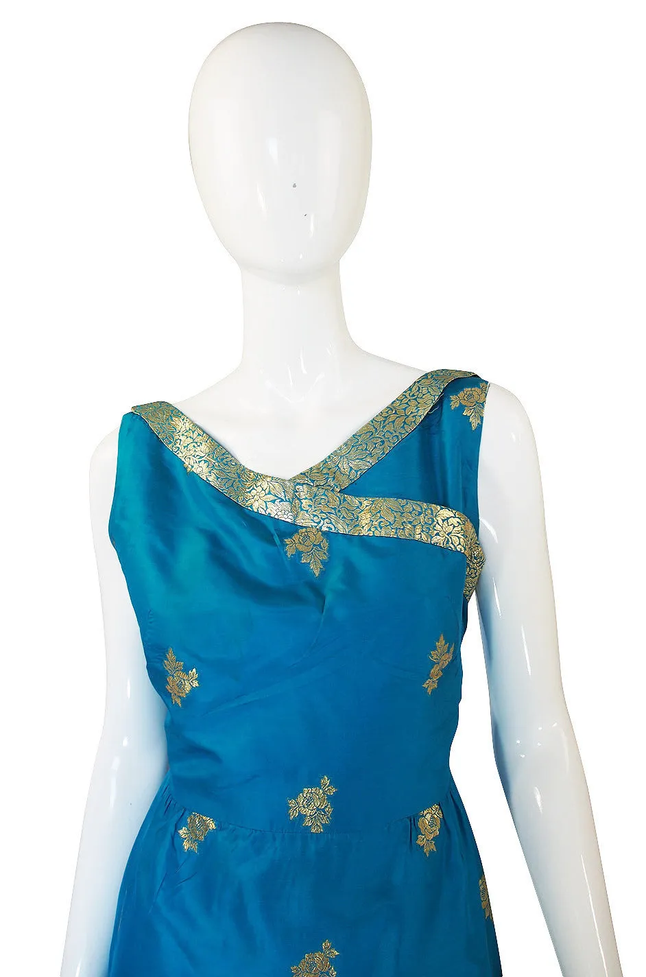 1950s Blue Fine Tissue Silk & Gold Gown