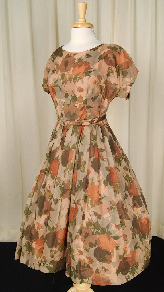 1950s Brown Sheer Floral Dress