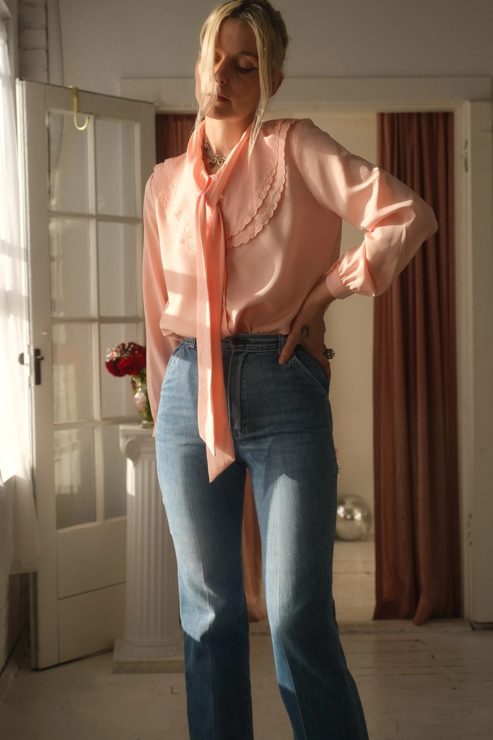 1970s Flora Pussy Bow Blouse