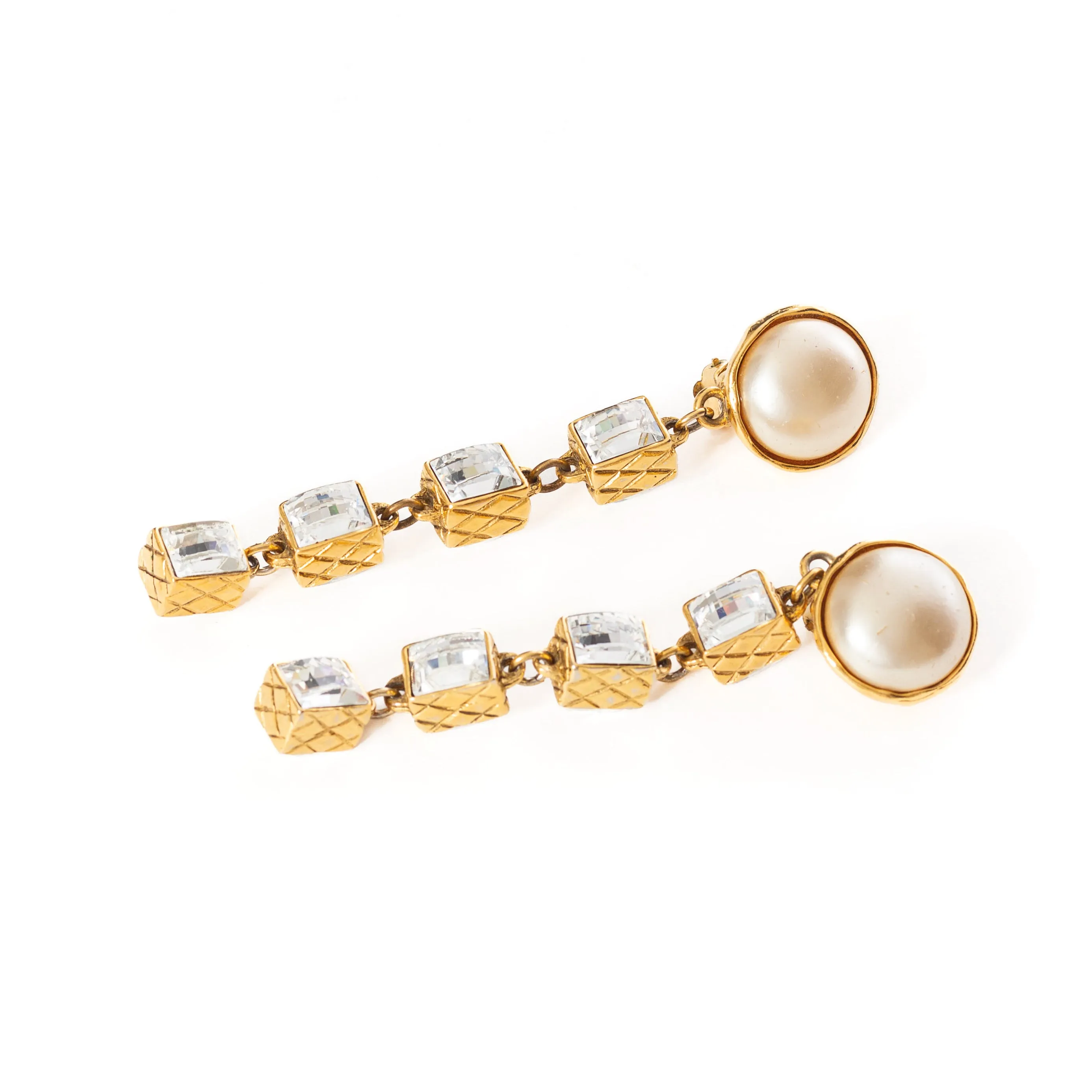 1984 Gold-Plated Pearl and Rhinestone Dangle Clip-On Earrings