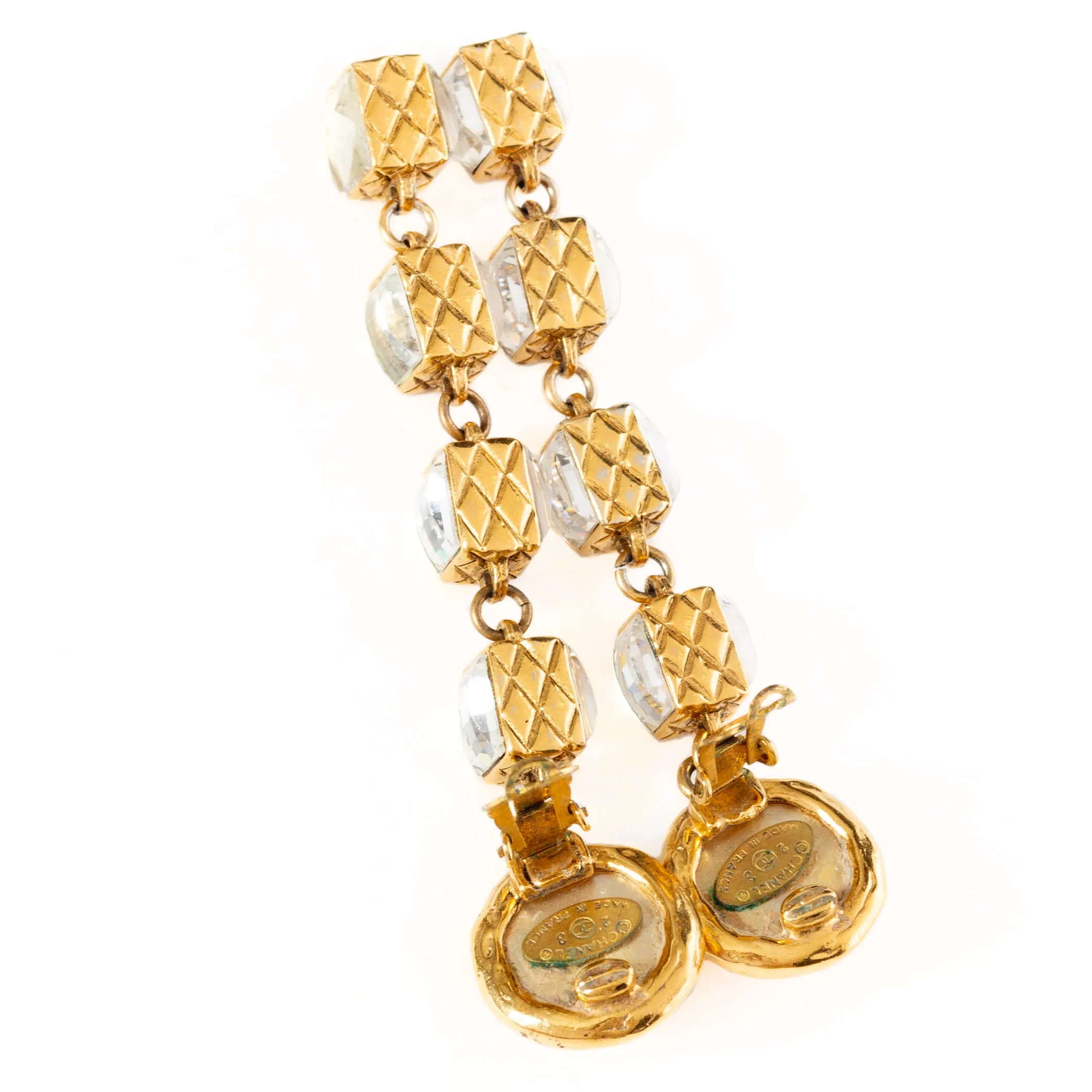 1984 Gold-Plated Pearl and Rhinestone Dangle Clip-On Earrings