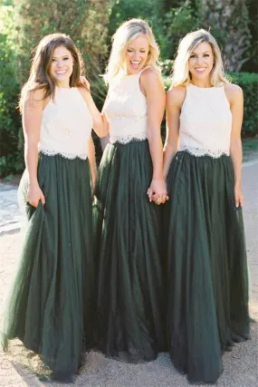 2 Pieces Ivory And Green Long Lace Tulle Beautiful Simple Bridesmaid Dresses