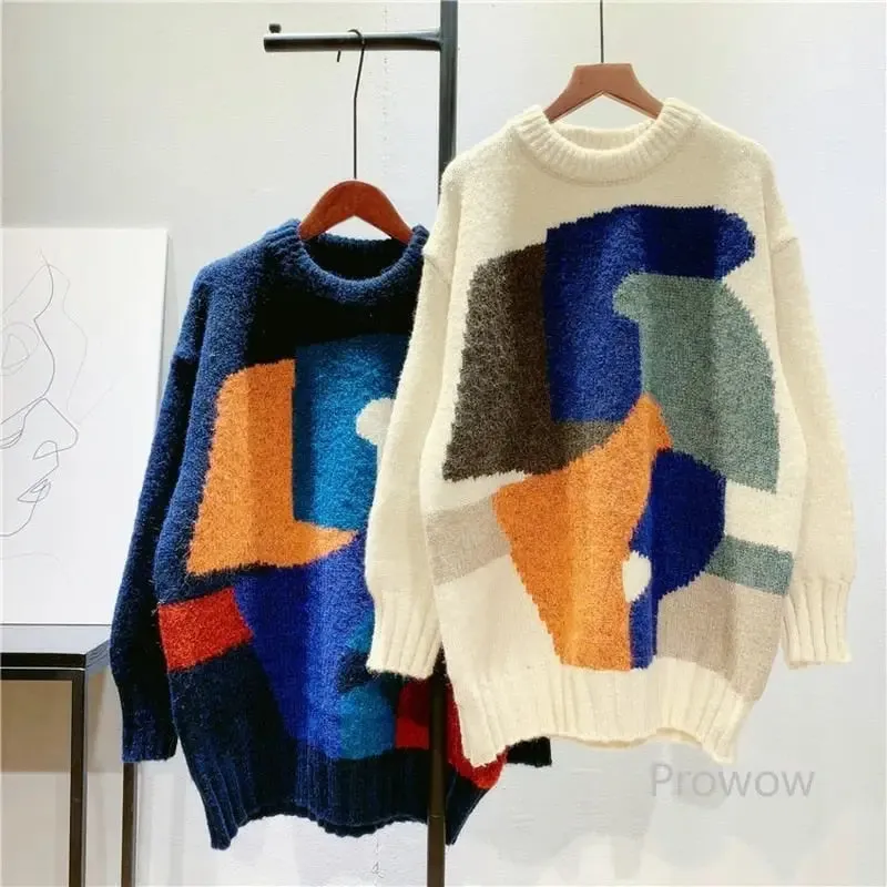 Abstract Color Block Knitted Oversize Sweater