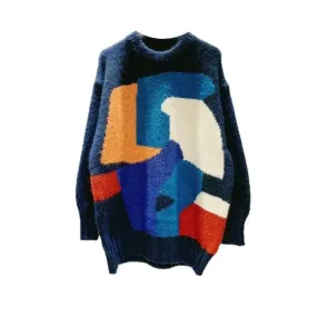 Abstract Color Block Knitted Oversize Sweater