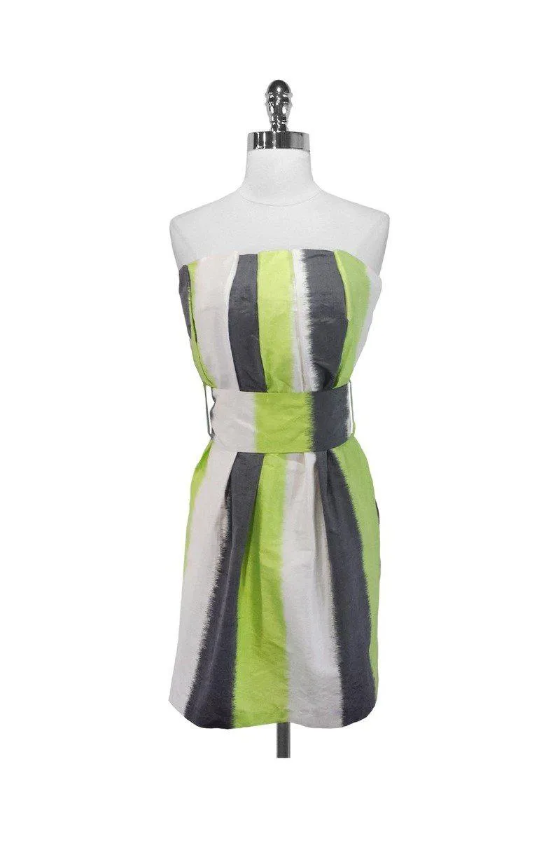 Adam Lippes - Lime, Grey & White Strapless Silk Dress Sz 6