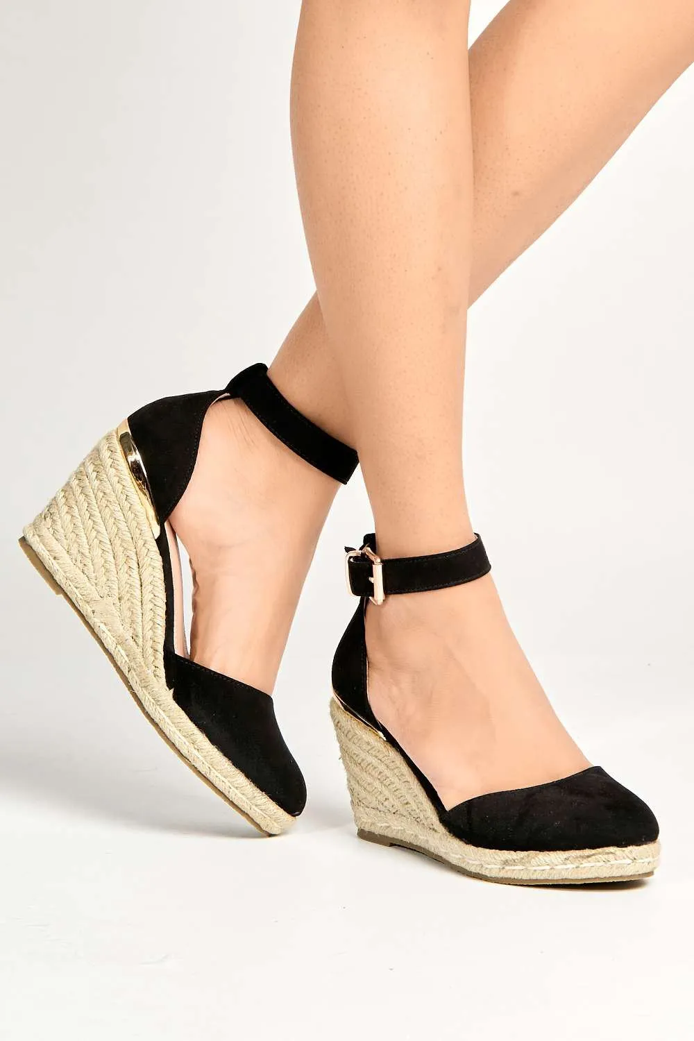 Adara Round Toe Espadrille Wedge with Anklestrap & Gold Buckle in Black Suede