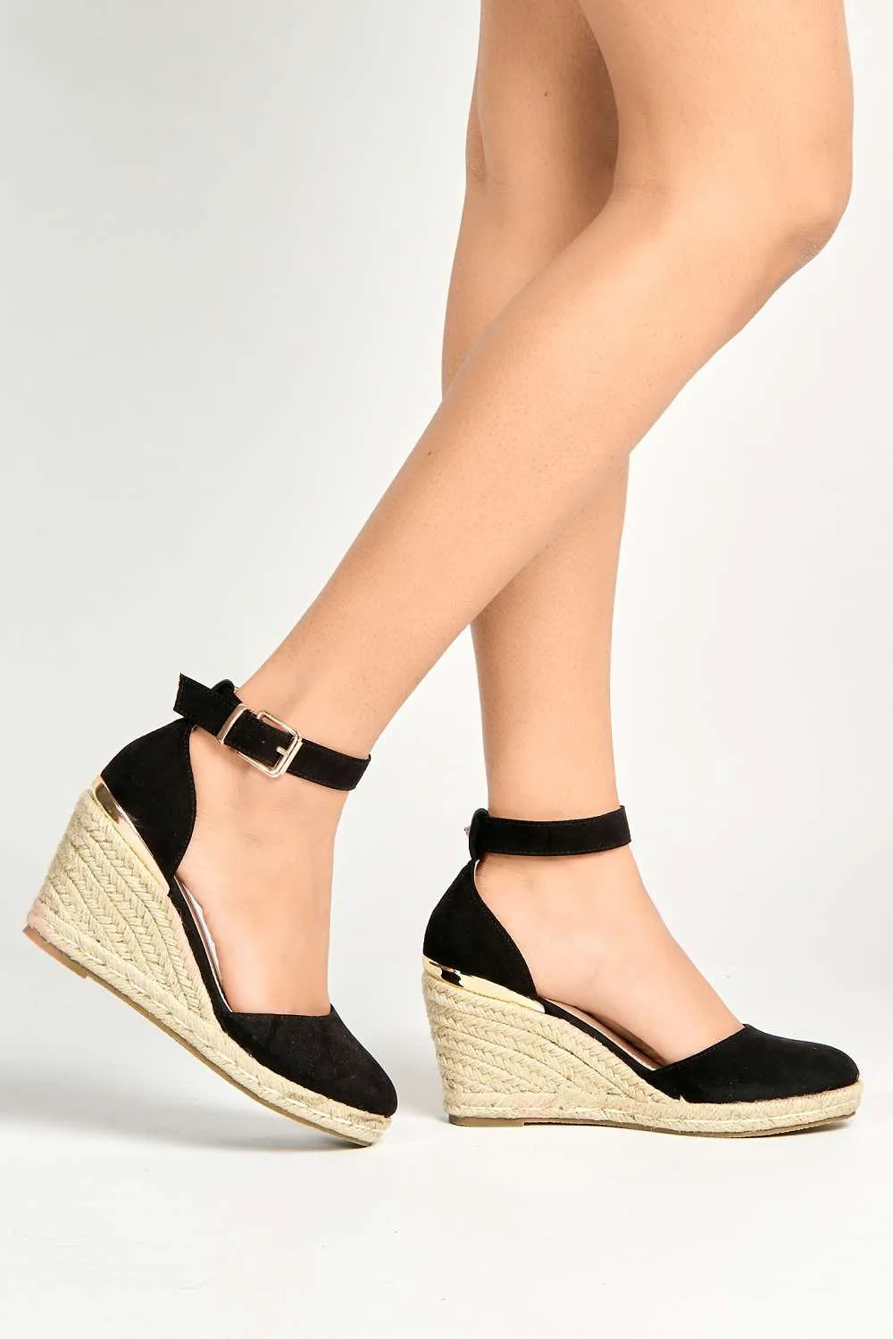 Adara Round Toe Espadrille Wedge with Anklestrap & Gold Buckle in Black Suede