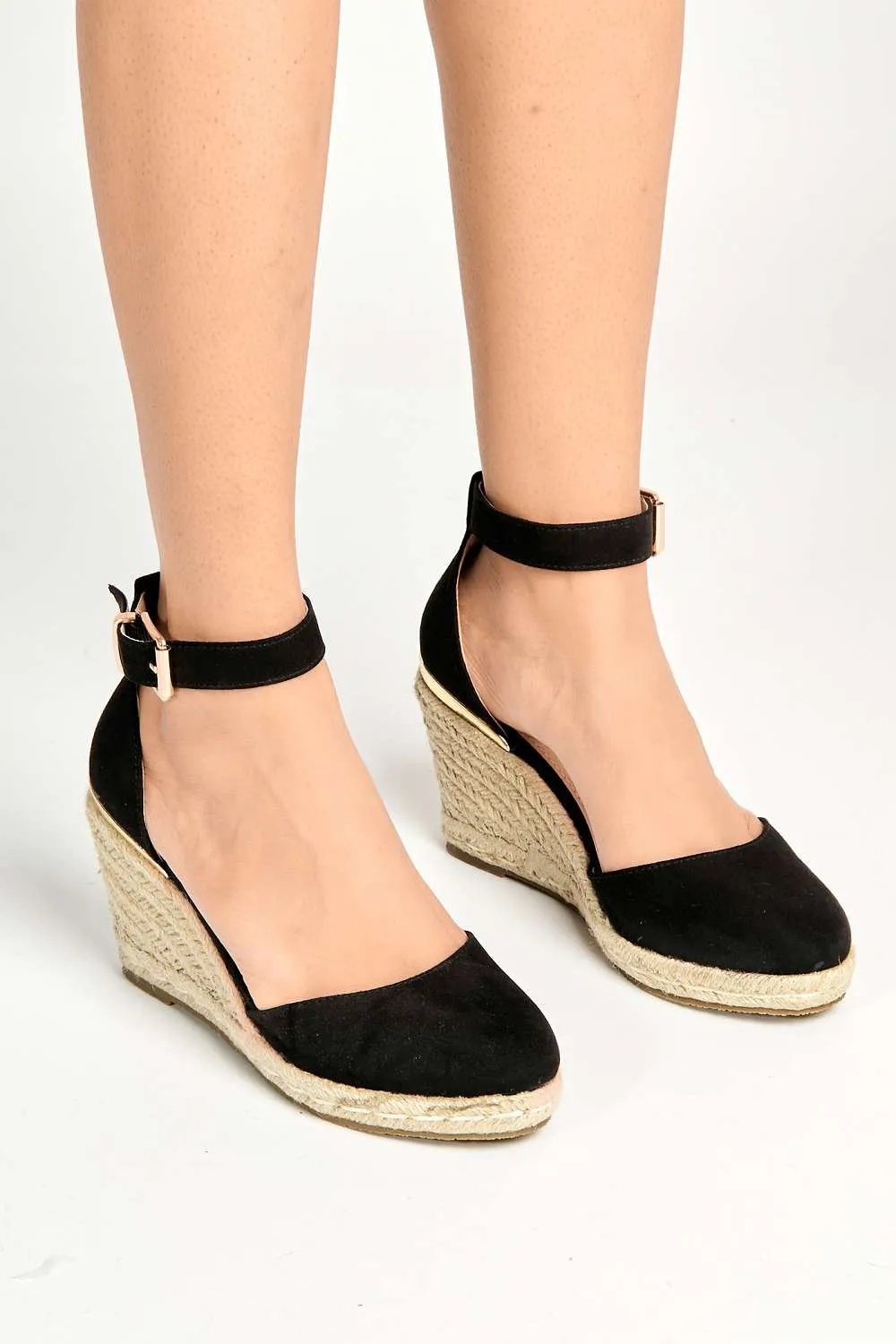 Adara Round Toe Espadrille Wedge with Anklestrap & Gold Buckle in Black Suede