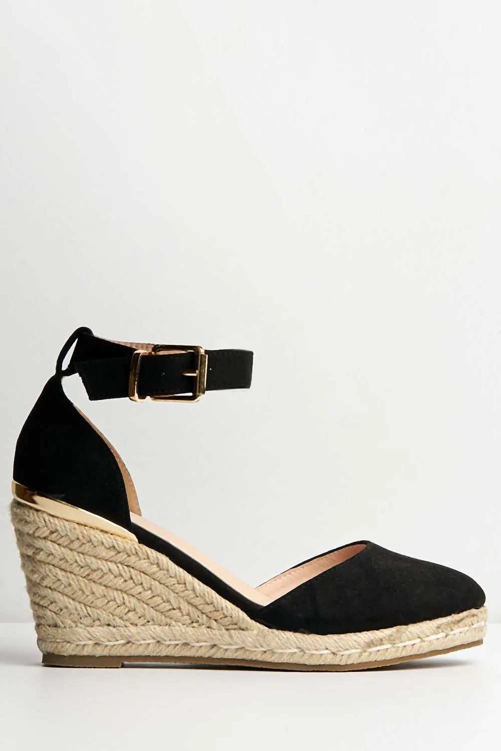 Adara Round Toe Espadrille Wedge with Anklestrap & Gold Buckle in Black Suede