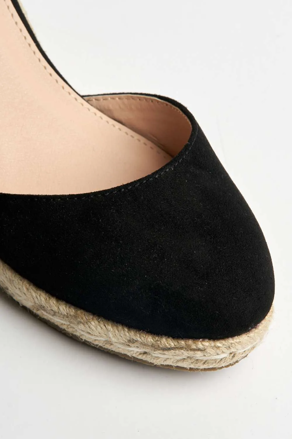 Adara Round Toe Espadrille Wedge with Anklestrap & Gold Buckle in Black Suede