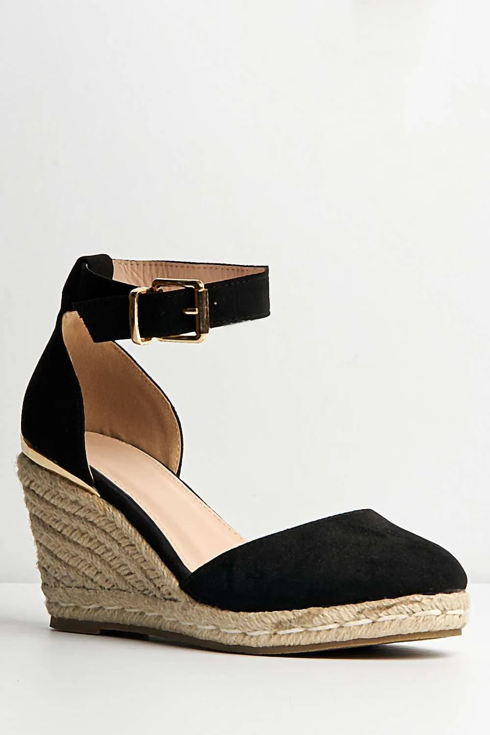 Adara Round Toe Espadrille Wedge with Anklestrap & Gold Buckle in Black Suede