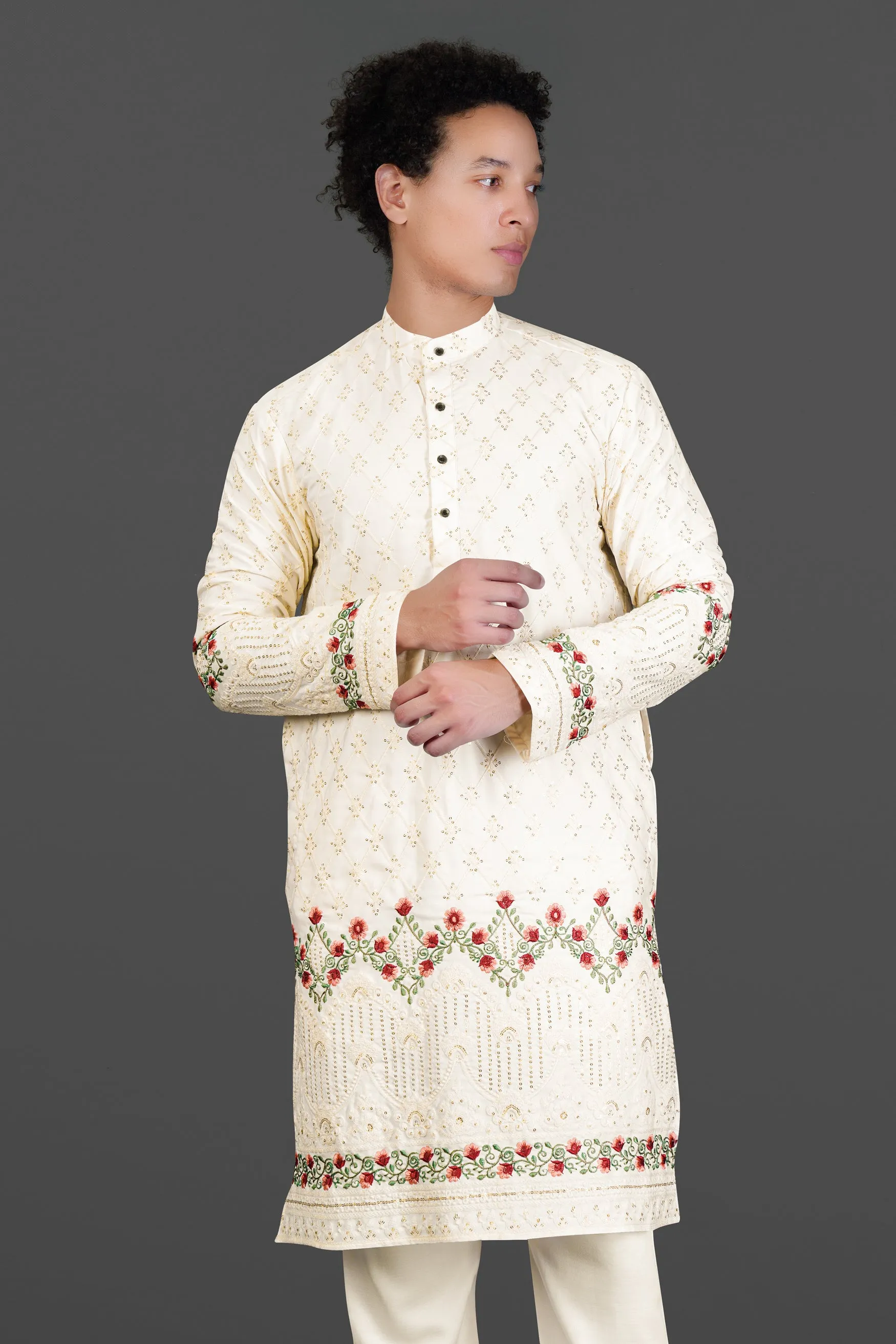 Albescent Cream Floral Multi Colour Thread and Sequin Embroidered Designer Kurta