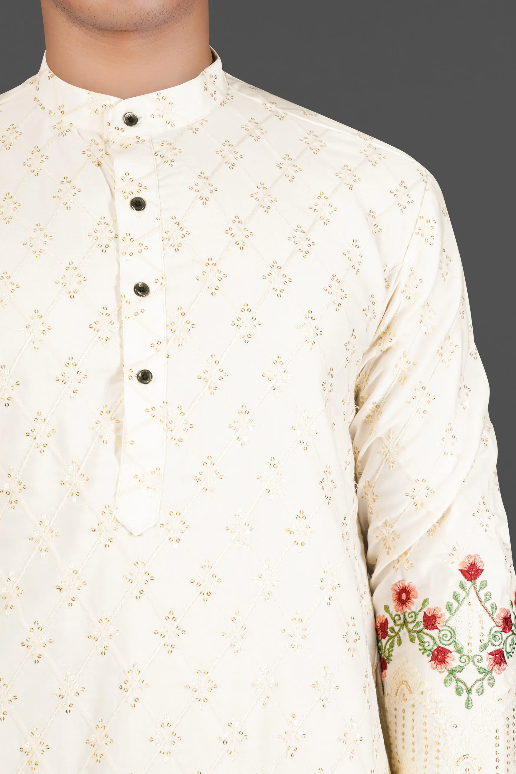 Albescent Cream Floral Multi Colour Thread and Sequin Embroidered Designer Kurta