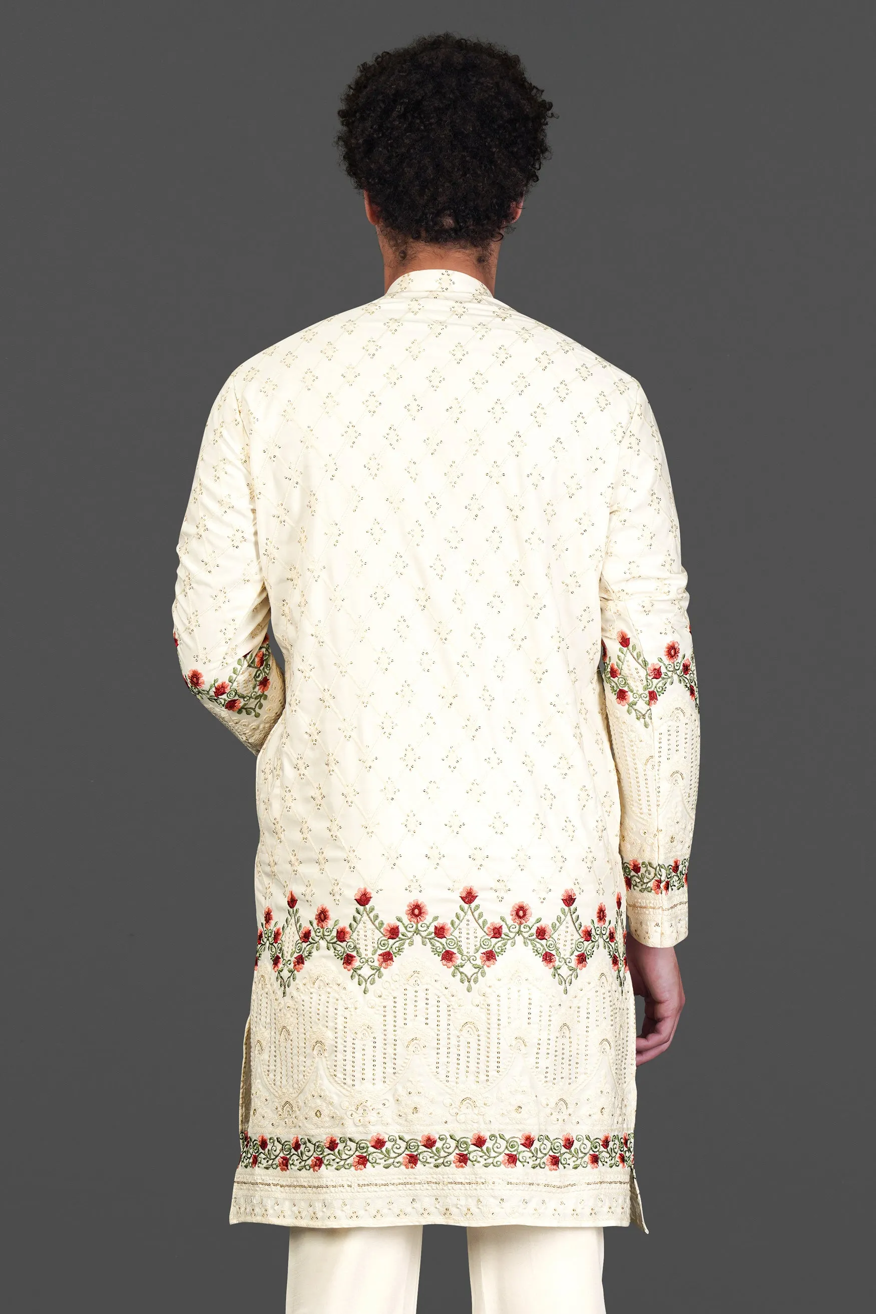 Albescent Cream Floral Multi Colour Thread and Sequin Embroidered Designer Kurta