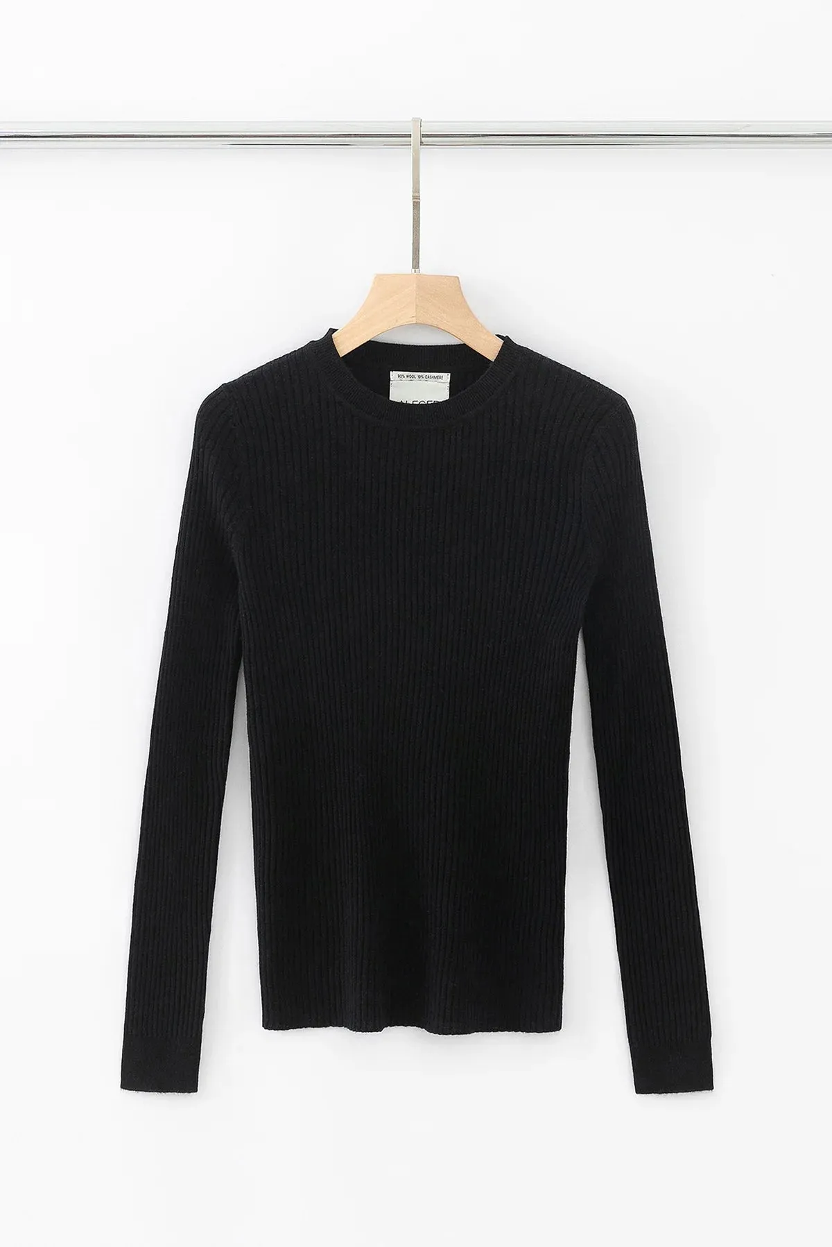 Aleger Cashmere Black Skinny Rib Crew Neck Sweater