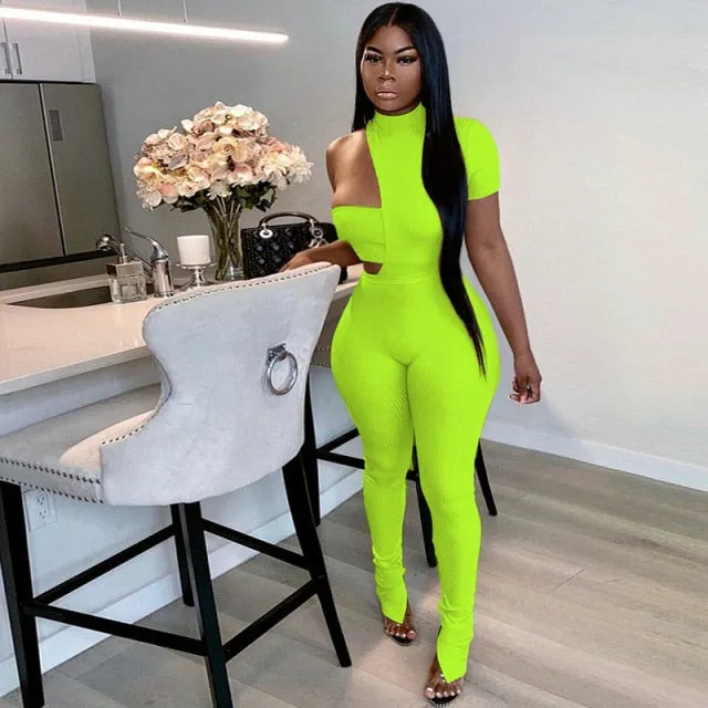 ANJAMANOR Sexy Women Jumpsuits and 2 Piece Pant Sets Club Wear Fashion Asymmetric Hollow Out Bodycon Romper Spring 2021 D85-CE31