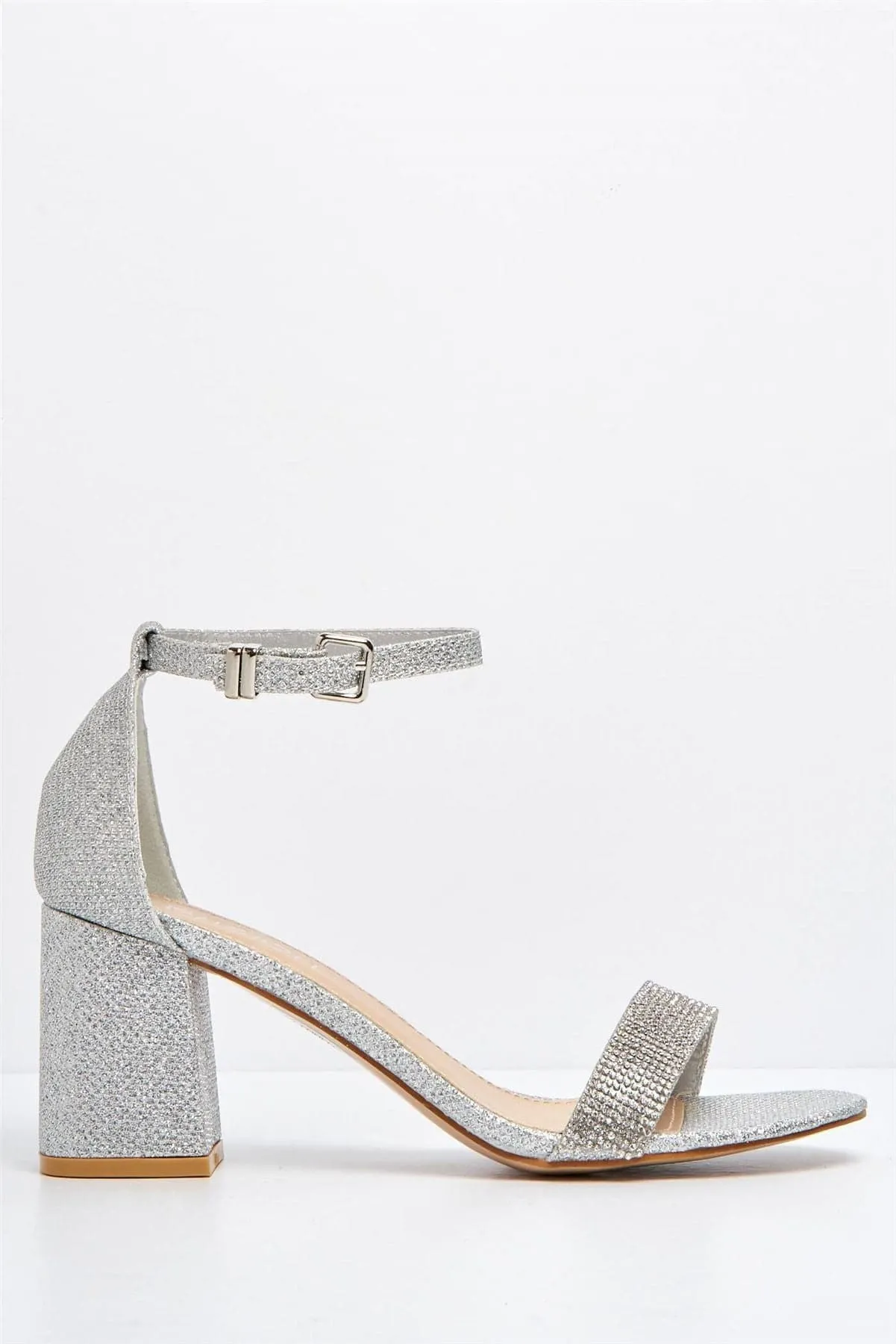 Asti Block Heel Ankle Strap Sandal in Silver