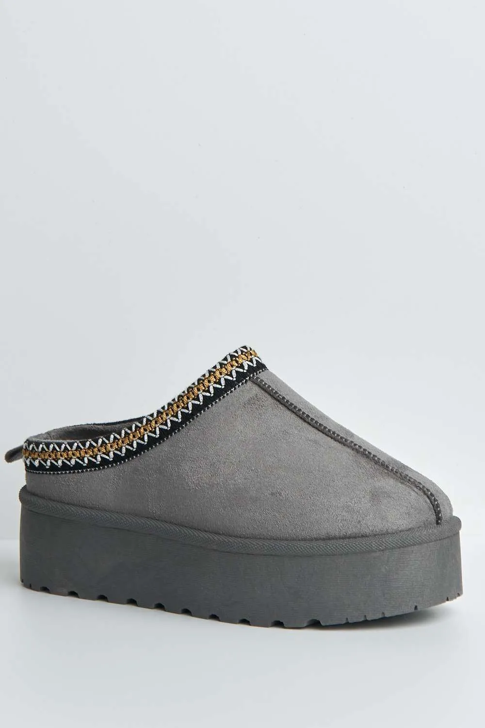 Astri Faux Fur Lining Knit Pattern Detail Flatform Slippers in Grey