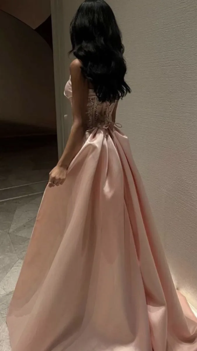 Baby Pink Satin Strapless Saudi Arabia Corset Sparkly Sequins Dubai  Evening Dress Formal Party Dress Y4887