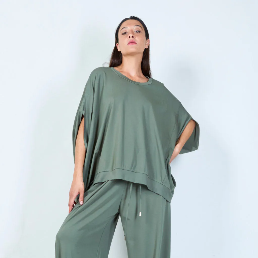 Basic asymmetrical hem oversized blouse with wide sleeves wholesale