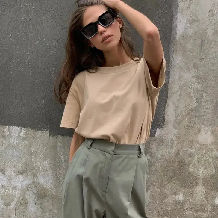 Basic Solid Cotton T-shirt Women