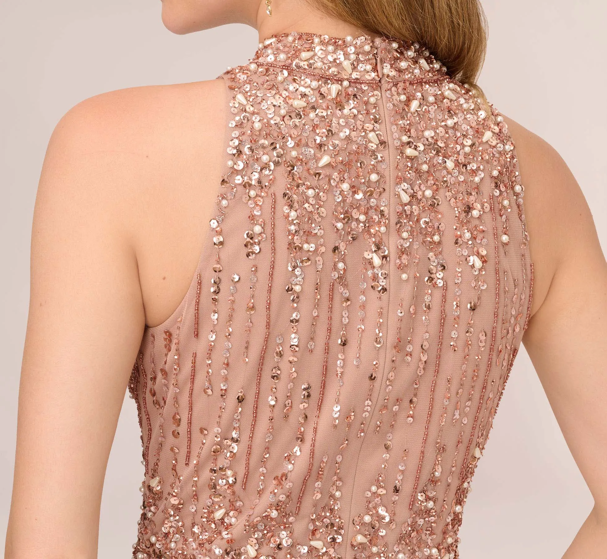 Beaded Column Gown With Mock Neckline In Rose Gold