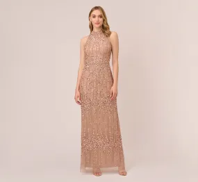 Beaded Column Gown With Mock Neckline In Rose Gold