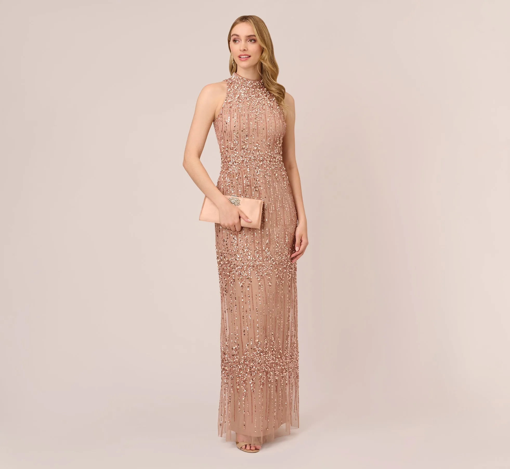 Beaded Column Gown With Mock Neckline In Rose Gold