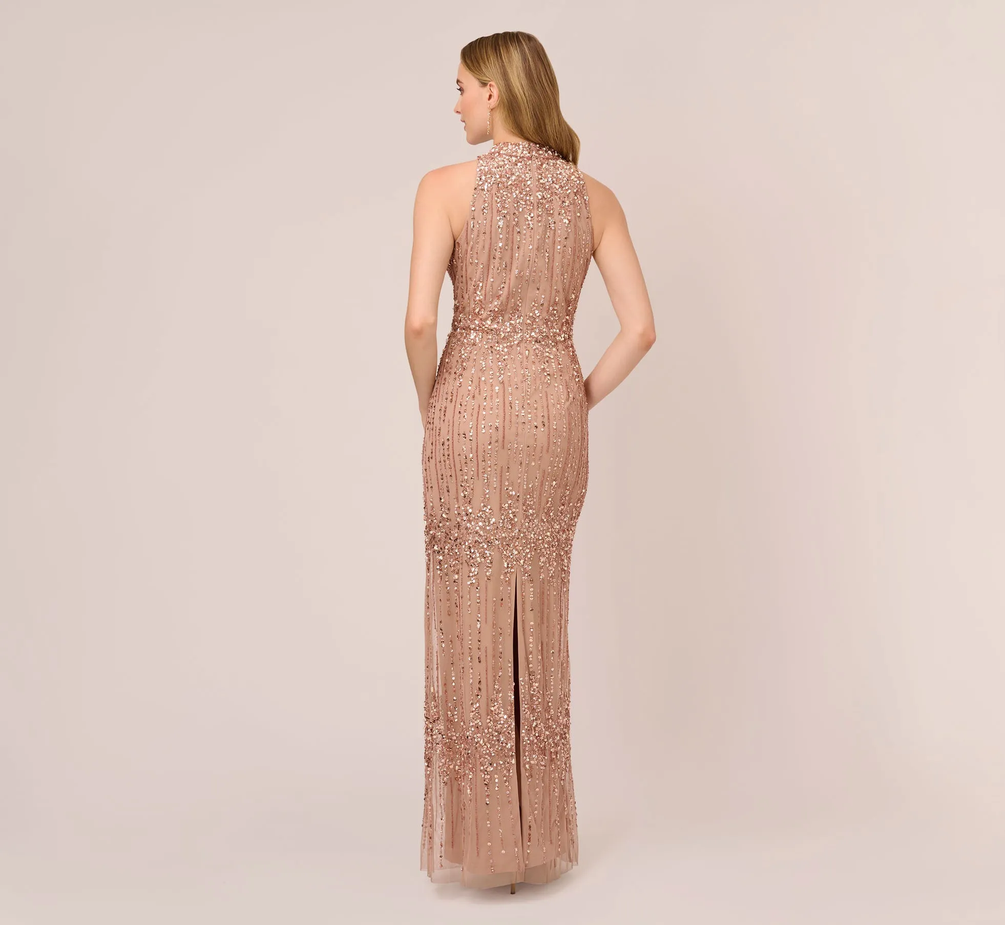 Beaded Column Gown With Mock Neckline In Rose Gold