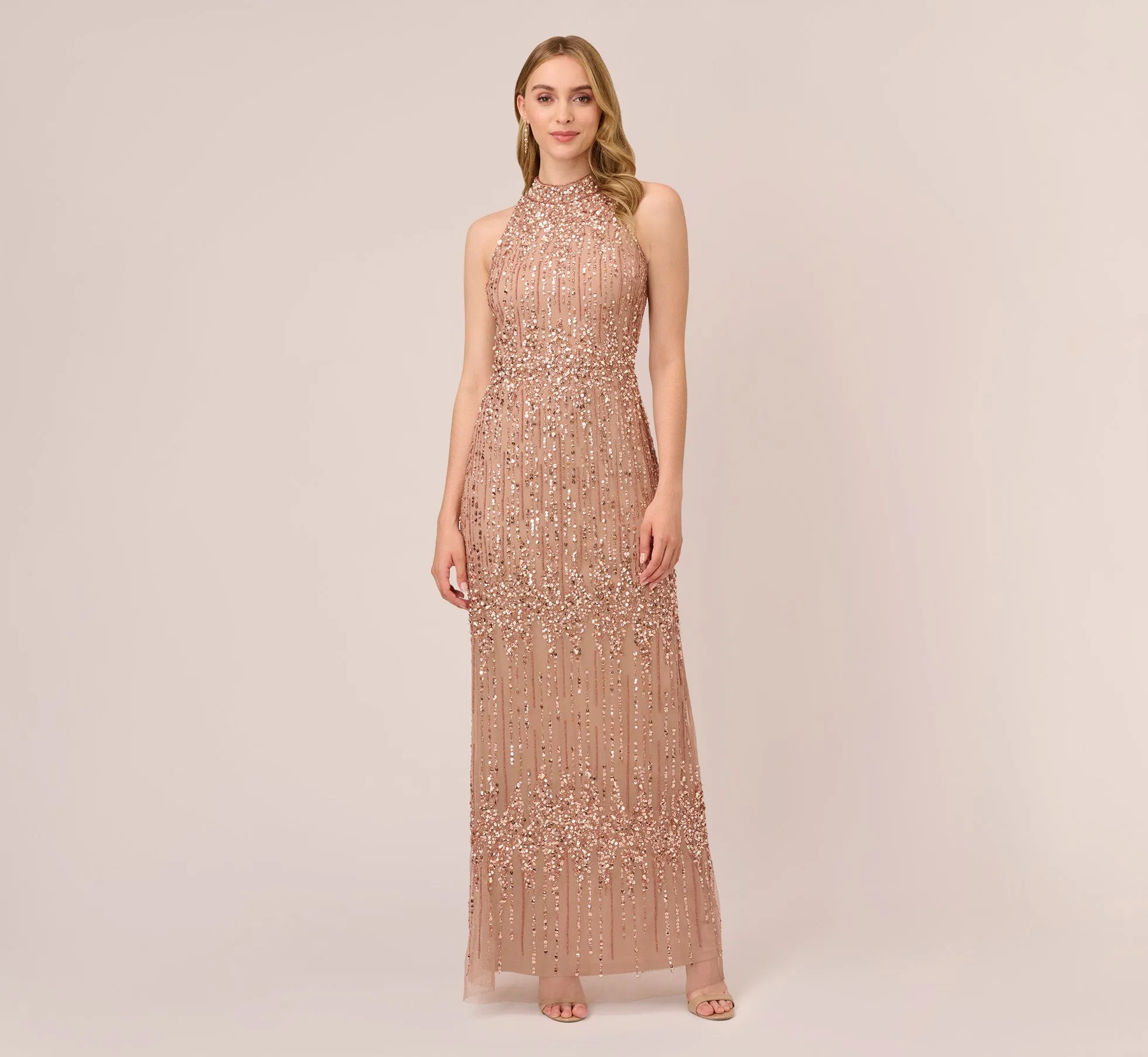 Beaded Column Gown With Mock Neckline In Rose Gold