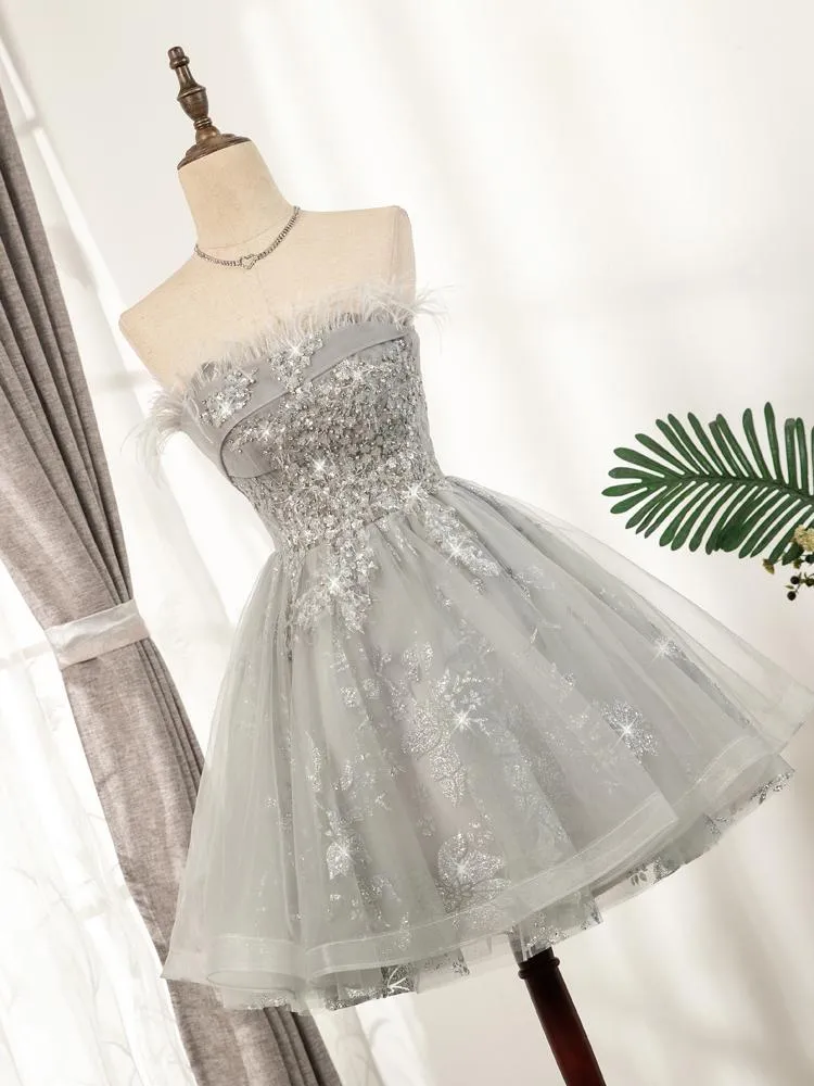 Beaded Gray Feather Homecoming Dresses SD1388 VINIODRESS